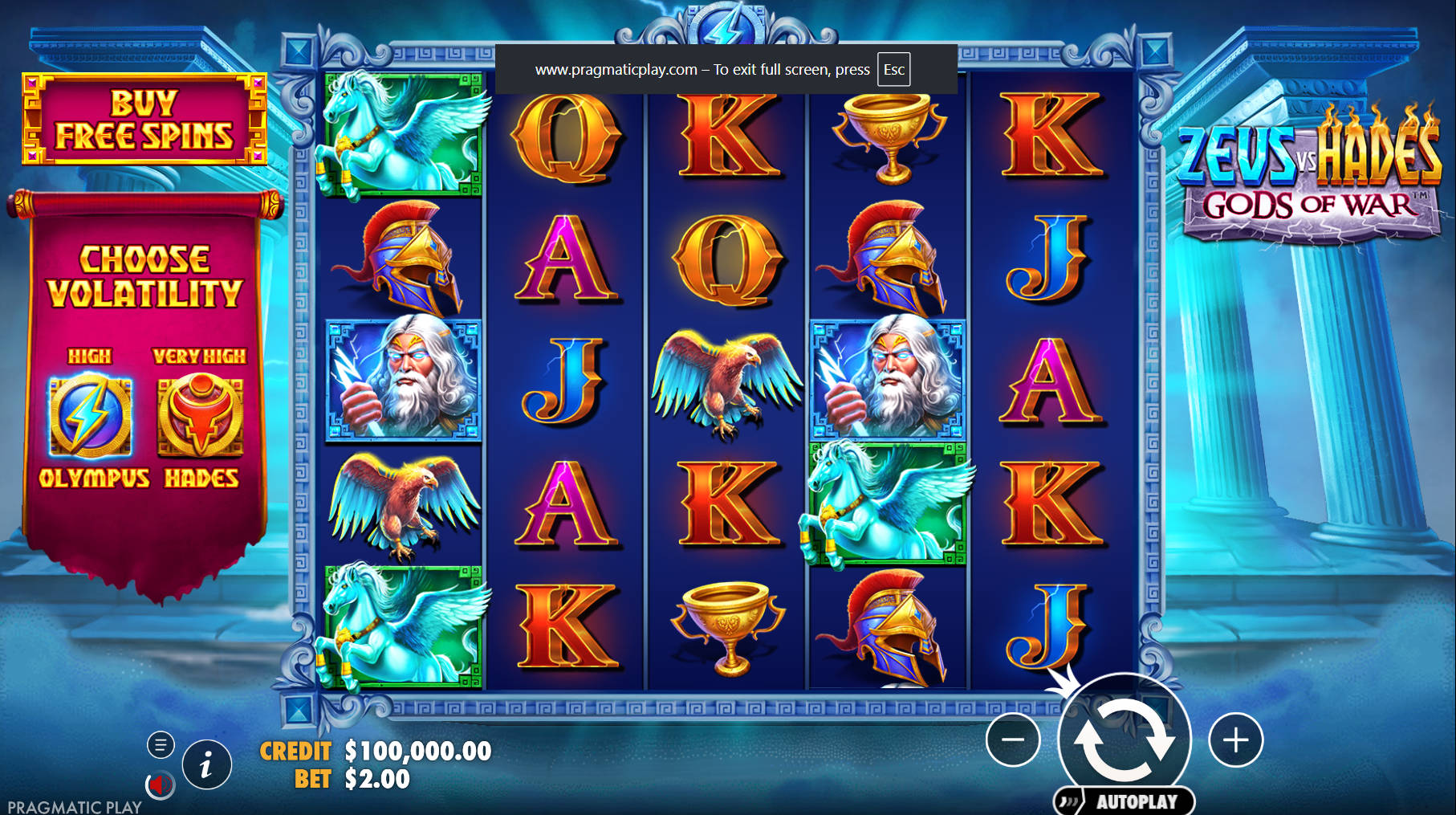 Zeus vs Hades Gods of War Slot - Interface - 96m1